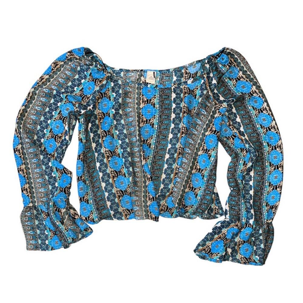 Anthropologie Paper Crane Blue Print Crop Top Bell Sleeve Top Small